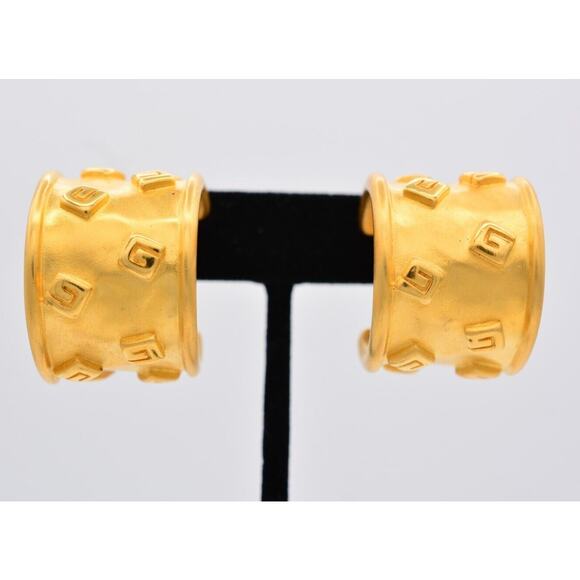 Givenchy Vintage Logo Clip On Earrings Chunky Brushed Gold Signed NOS 1980s Bin7 - Picture 1 of 12
